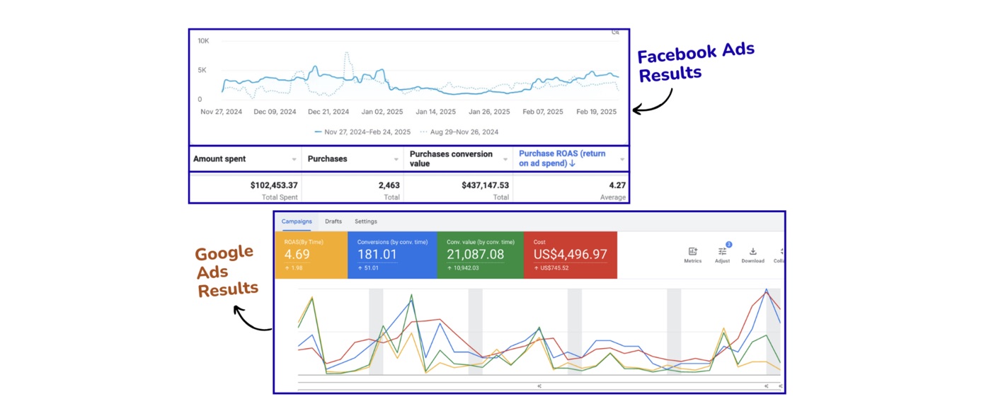 $437K revenue from $102K spend: 4.27× ROAS (Meta) & 4.69× (Google)