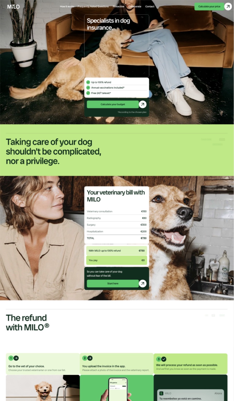Milo: dog-insurance site with a lead-driving price calculator