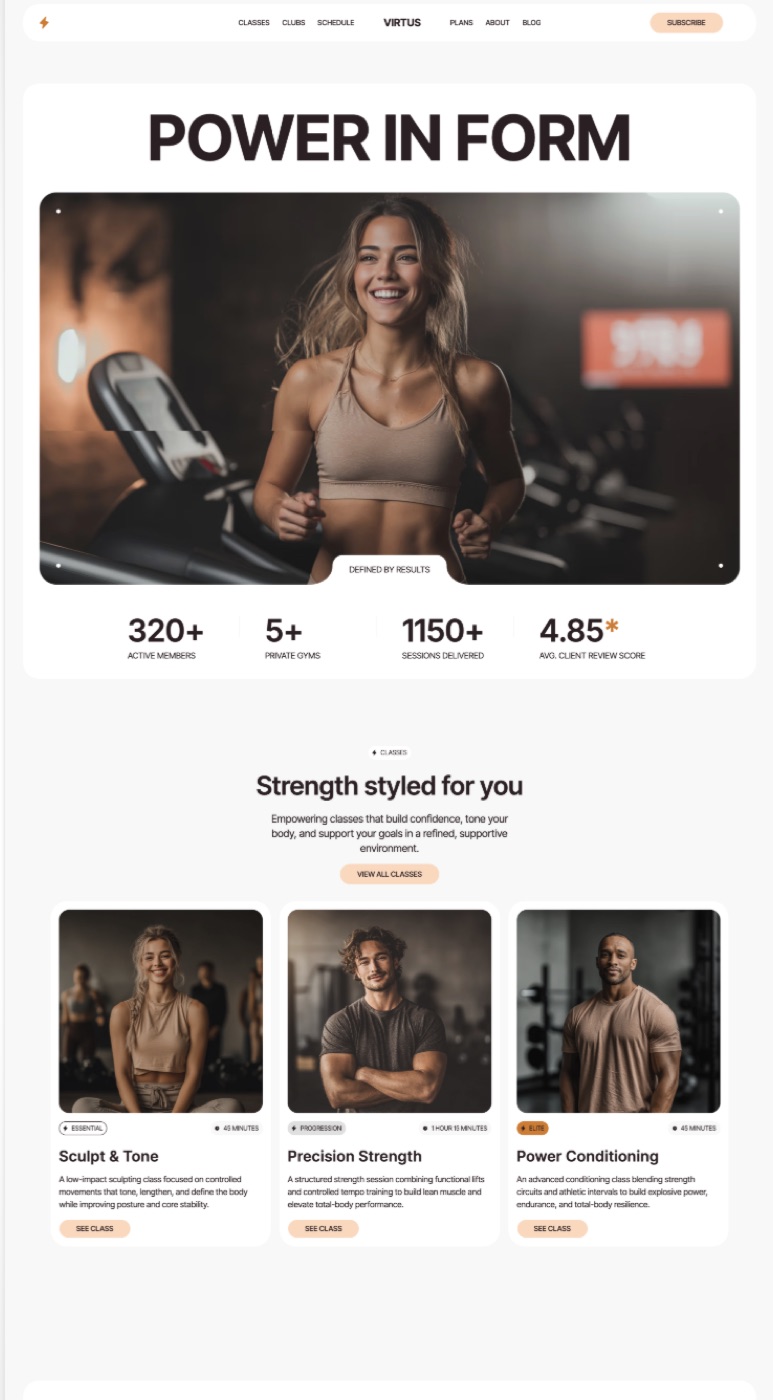 Virtus: premium fitness-studio site with class booking & social proof