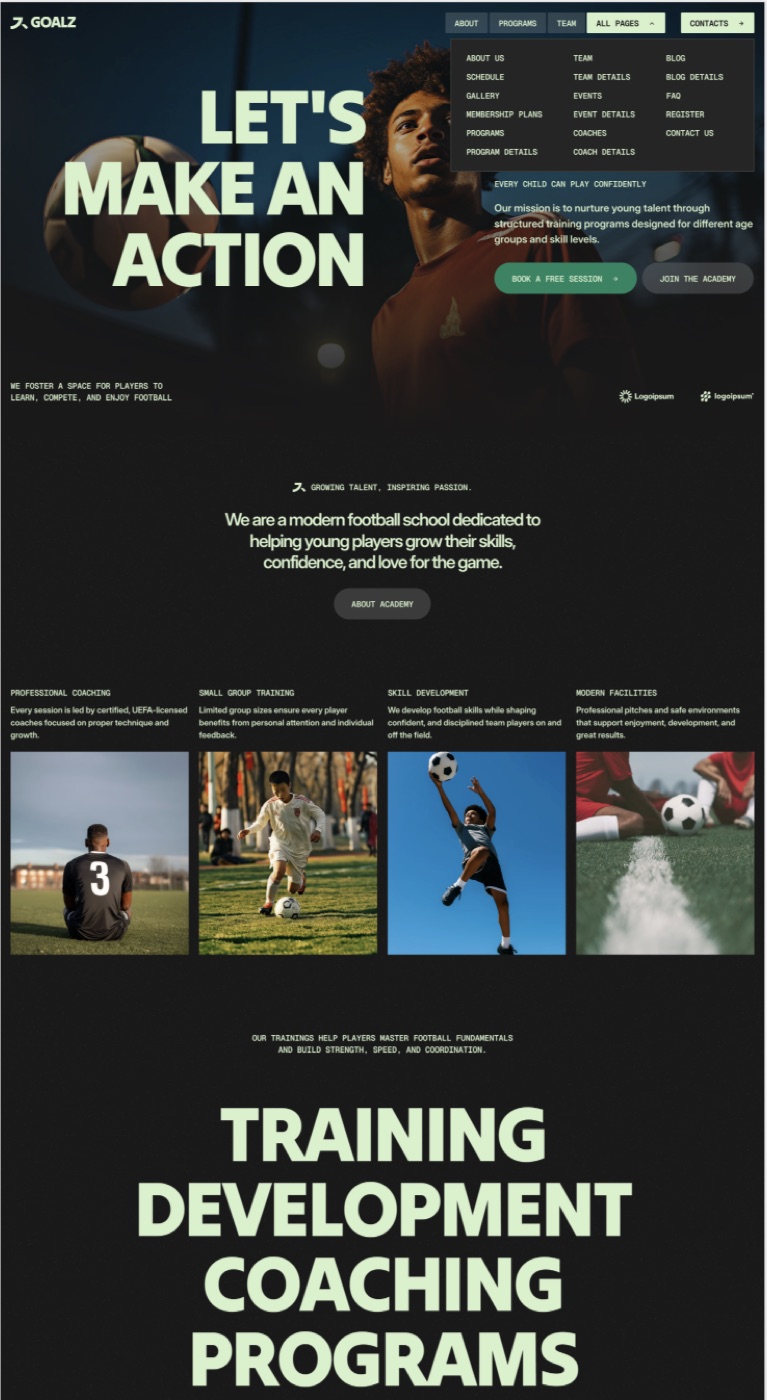 Goalz: football-academy site built to book training sessions