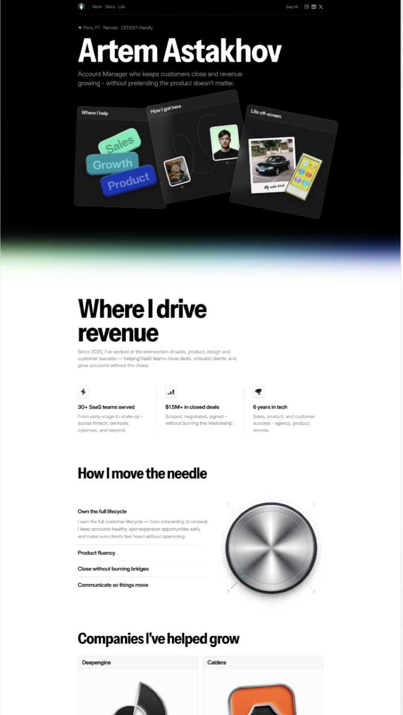Artem Astakhov: personal-brand portfolio for a SaaS operator